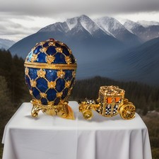 QIFU Vintage Blue Easter Egg Style Trinket Box with Royal Carriage, Unique picture