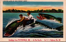Waynesville MO Ozarks Route 66 Tall Tale Giant Fish Ride Linen Postcard 1937 picture