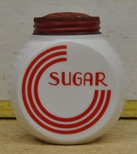 Vtg 1940 Sugar SHAKER by ANCHOR HOCKING VITROCK GLASS RED CIRCULAR Lid picture