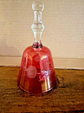 Vintage Cranberry Glass Bell Clear Handle Wheel Etched Roses Vines Chime 6.5