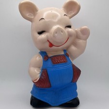 Vintage 1974 Farmer Pig Piggy Bank Blue Overall Hard Plastic 10” Russ Berrie picture