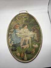 Antique C D Kenny Tin Litho Plaque Little Girls having a Tea Party w/ Rabbits picture