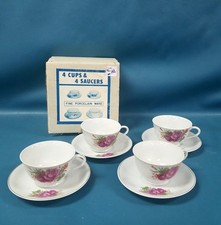 VTG Set 4 Porcelain Teacups & Saucers White Pink Roses Gold Trim Japan W/ Box picture