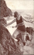 Bathing Beauty Rocky Shore c1920s-30s Vintage Postcard picture