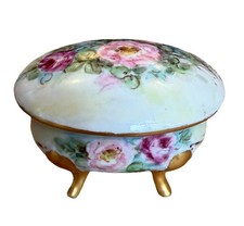 Vintage Footed German Floral Porcelain Vanity Trinket Box 3”x3.5”x4” picture