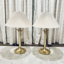 Stiffel Brass Tulip Table Lamps Pair Set Of 2 #6163 With Original Shades Vtg MCM picture