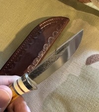 BEHRING MADE WOODCRAFT POCKET KNIFE W/RED STAG HANDLE-LEATHER TOOLED SHEATH-NEW. picture