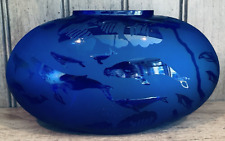 A & E Arthur Court Designs Iridescent Blue Whales Etched Art Glass Vase 12