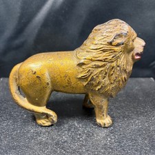 Antique Cast Iron Lion Still Bank Vintage Gold Painted Metal Coin Bank 5.5 Inch picture