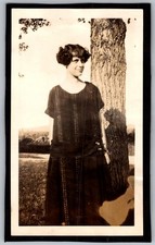Vtg B&W Snapshot Woman In 1920s Flapper Style Dress Standing By Large Tree 1920s picture