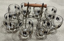 MCM Federal Glass Harlequin Roly Poly Glasses Caddy Set Atomic Barware 9 Pc picture