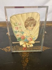 Reproduction Victorian-Style Fan Print Lady with Roses, in a Floating Glass Fram picture