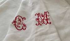 Antique 1900s Large French Homespun Linen Sheet Red Work Monogram B371 picture