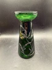 Vtg Emerald Green Glass Vase Silver Overlay Floral Leaf Flared Rim 8