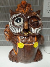 Winking Owl Cookie Jar Ceramic Faux Wood Orange Yellow MCM USA 13
