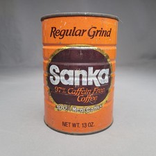 Vintage Sanka Orange Coffee Can Tin Regular Grind 97% Caffeine Free 13 Oz Empty picture