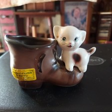 Vintage Enesco Kitten on Boot Shoe E-3381 Gray Cat Kitty Brown Boot Japan picture