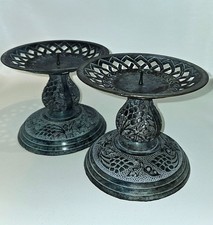Pair Of Engraved METAL CANDLE Stands, Verdigris Finish & Lattice Rim 5x6