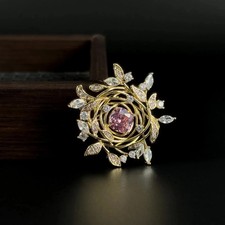 Art Deco Pink Sapphire with Diamond Cluster Brooch Pin in 14K Yellow Gold Plated picture