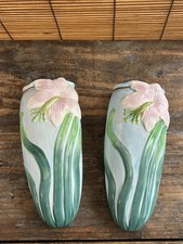 Pair Vintage Hand Painted Lily Flower Ceramic Wall Pockets Vases 3D Relief picture
