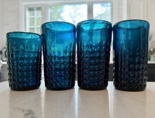 Blenko Glass Blue with green swirls Dimpled Tumblers Glasses Lot Of 4 rare color picture