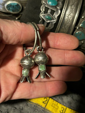 1900S NAVAJO SILVER & GREEN TURQ OLD PAWN SQUASH BLOSSOM HOOP EARRINGS picture