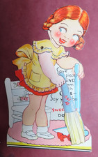 Vintage MECHANICAL VALENTINE*GIRL  W DUST PAN & BROOM *metal rivet *O23 picture