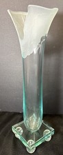 Gorgeous VTG Salvatore Polizzi Signed AquaGlass Vase Frosted Ruffled Top 13.5” picture