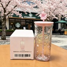 New Starbucks Pink Sakura Cherry Blossom Glass Tumbler +Flower Straw Topper Gift picture