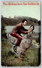 Antique Surreal Fantasy Man Riding Giant Chicken Fine Feathers 1910 picture