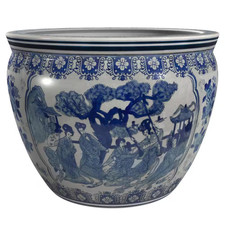 14 In. Ladies Blue and White Porcelain Fishbowl picture