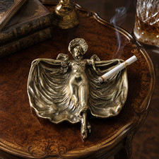 Antique Solid Brass Art Nouveau Elegant Lady Ashtray Decorative Collectible picture