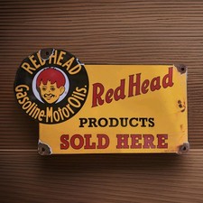 Vintage Red Head Gasoline Porcelain Sign Motor Oil Esso Mobil Sold Here Gas Oil  picture