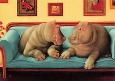 Hippos in Love on Couch Suzan Visser Fantasy Art Vintage Postcard Unposted picture