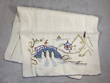 Hand Embroidered Linen Table Topper 14” x 23” White Colorful Runner picture