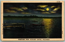 Generic Moonlit Lake Greetings From Richland Center WI Linen Postcard I1 picture