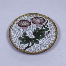 Antique 1940s Cloisonne Tray Trinket Dish Thick Brass Trumpet Flowers Art 20 picture