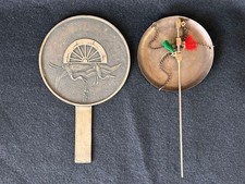 Japanese Antique Bronze Hand Mirror Twin Cranes Fujiwara Mitsunaga Signed picture