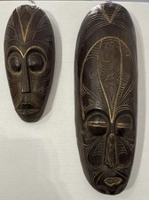 Vintage Indonesian Hand Carved Wooden Tribal Masks Pair Wall Art Decor Boho Lot picture