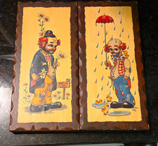 Vintage 1970s Lois Thayer 3D Decoupage Hobo Clown Wood Plaques - Set of 2 Pairs picture