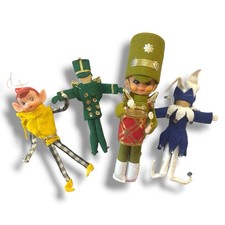Lot Of 4 VTG 1970s Pixie Elf Ornaments Rubber Face Drummer Boy Jester Clothespin picture