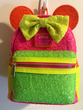 Loungefly Disney Minnie Mouse Sequin Mini Backpack Pink Green Orange Bow Ears picture