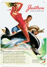 1947 JANTZEN Swimsuit A Sexy Woman Rides A Dolphin DECORATIVE REPLICA METAL SIGN picture