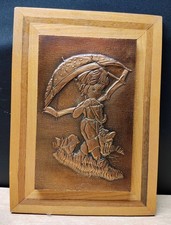 Vintage Copper Relief Wall Art Of Girl & Dog With Umbrella Wooden Frame 13