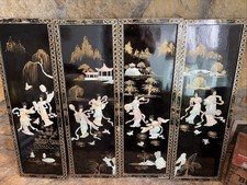 4 Vintage Oriental Mother of Pearl Women Inlaid Black Lacquer Wall Panels 36” picture