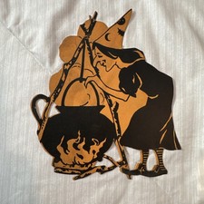 RARE 1920-30’s Halloween Witch & Cauldron Die-Cut Paper Wall Decor approx 6” picture