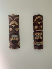 Hand Carved Wood Tiki/Wall Hanging Hawaii Brown Retail $40 19x6 Set Of 2 picture