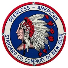 VINTAGE PEERLESS AMERICAN STANDARD OIL CO NEW YORK PORCELAIN SIGN INDIAN CHIEF picture