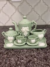 Vintage 10 Piece Green Bisque White Rose Victorian Miniature Tea Set picture
