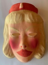 Vintage & Unused 1940s Gauze Blonde Woman w/ Red Hat Halloween Costume Mask  picture